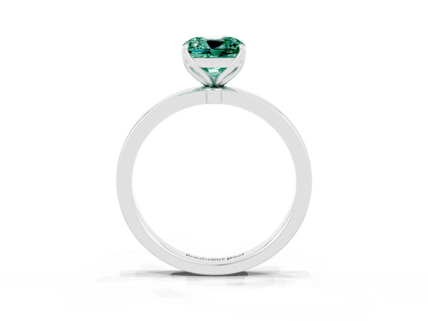 Platinum Cushion Cut Green Sapphire Solitaire Ring with Thin Band and Prong Setting