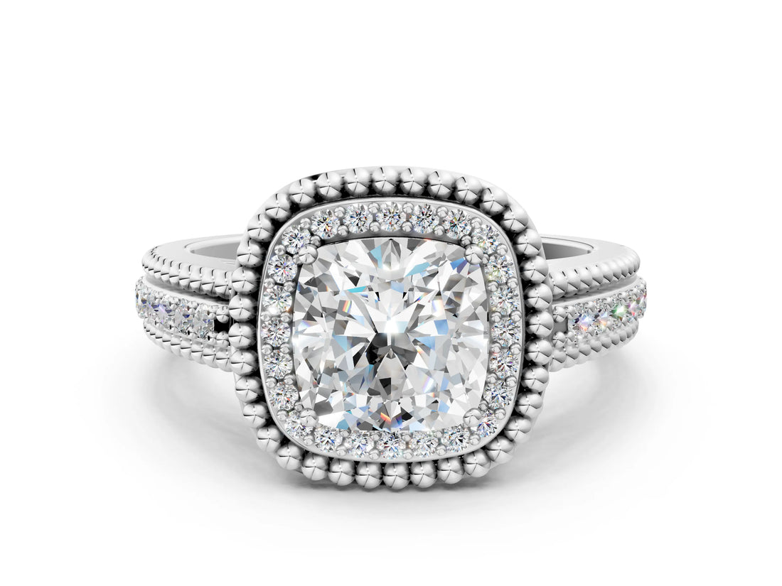Platinum Cushion Cut Halo Diamond Ring with Beaded Split Shank and Four-Prong Setting_13