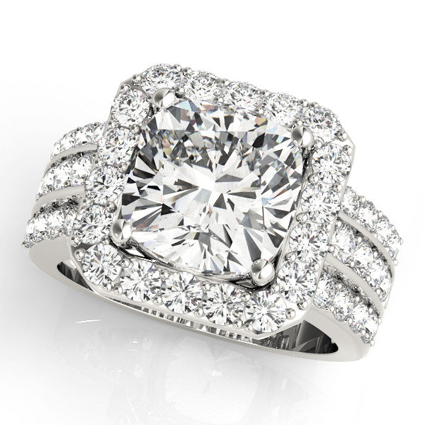 Silver 1.00 Carat F VS1 Cushion-Cut Halo Diamond Ring with Split Shank and Four-Prong Setting