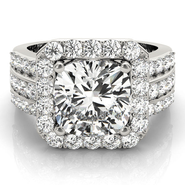 Platinum Cushion-Cut Halo Diamond Ring with Split Shank and Four-Prong Setting 2