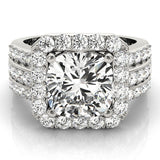Silver 1.00 Carat F VS1 Cushion-Cut Halo Diamond Ring with Split Shank and Four-Prong Setting