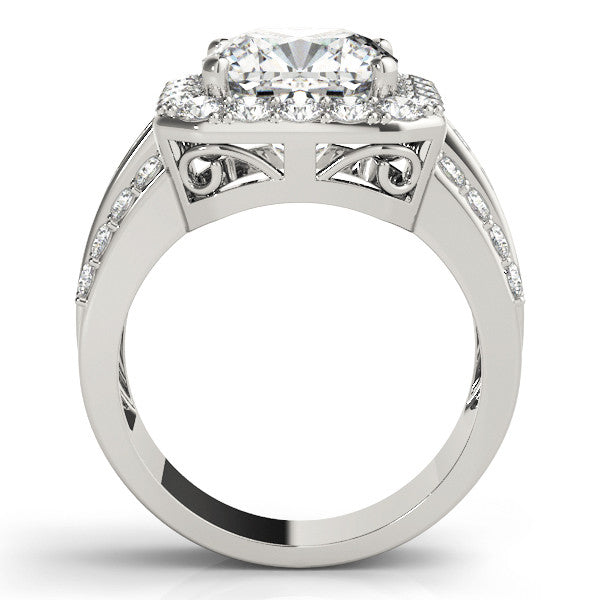 Platinum Cushion-Cut Halo Diamond Ring with Split Shank and Four-Prong Setting