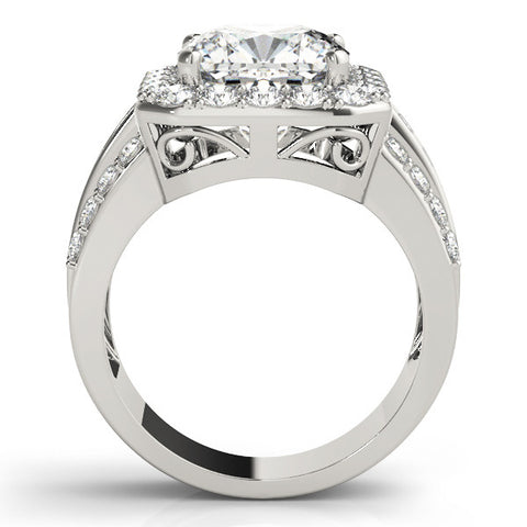 Platinum Cushion-Cut Halo Diamond Ring with Split Shank and Four-Prong Setting
