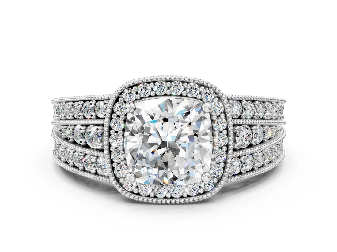 Platinum Cushion Cut Halo Diamond Split Shank Ring with Prong Setting_7