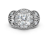 Platinum Cushion Cut Halo Milgrain Diamond Engagement Ring with Leaf Band and Four-Prong Setting_7