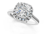 Platinum Cushion Cut Halo Round Diamond Solitaire Ring with Pavé Band and Four-Prong Setting_13