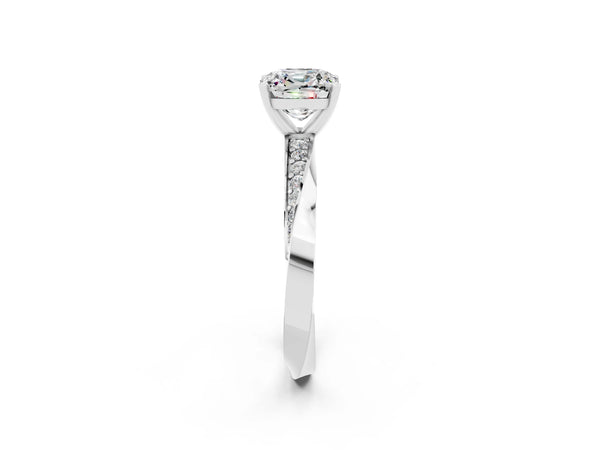 Platinum Cushion Cut Moissanite Engagement Ring with Side Stone Accents and Four-Prong Setting