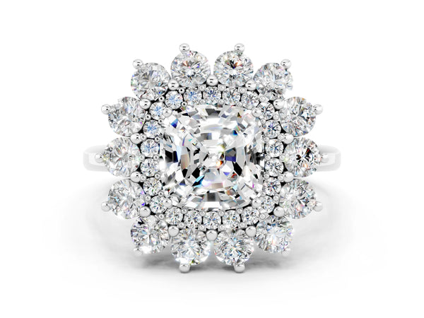 Platinum Cushion Cut Moissanite Floral Double Halo Engagement Ring with Prong Setting