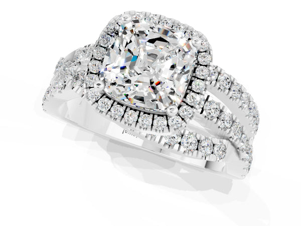 Platinum Cushion Cut Moissanite Halo Ring with Round Split Shank and Prong Setting
