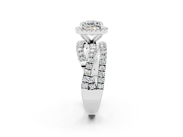 Platinum Cushion Cut Moissanite Halo Ring with Round Split Shank and Prong Setting