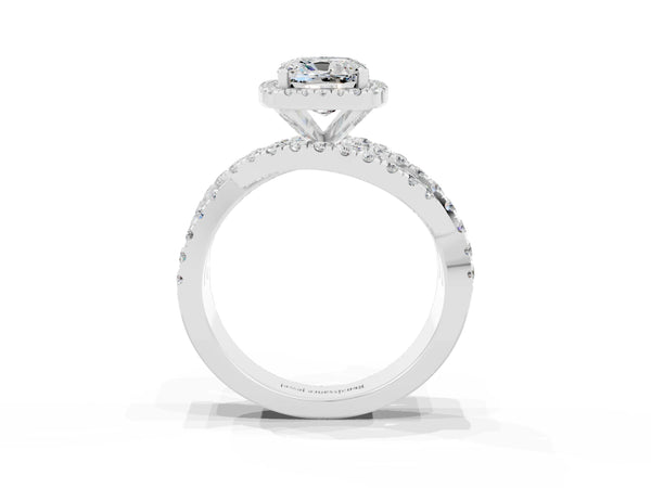 Platinum Cushion Cut Moissanite Halo Ring with Round Split Shank and Prong Setting