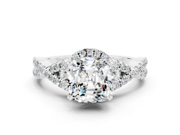 Platinum Cushion Cut Moissanite  Halo Twist Band Solitaire Prong Setting Ring