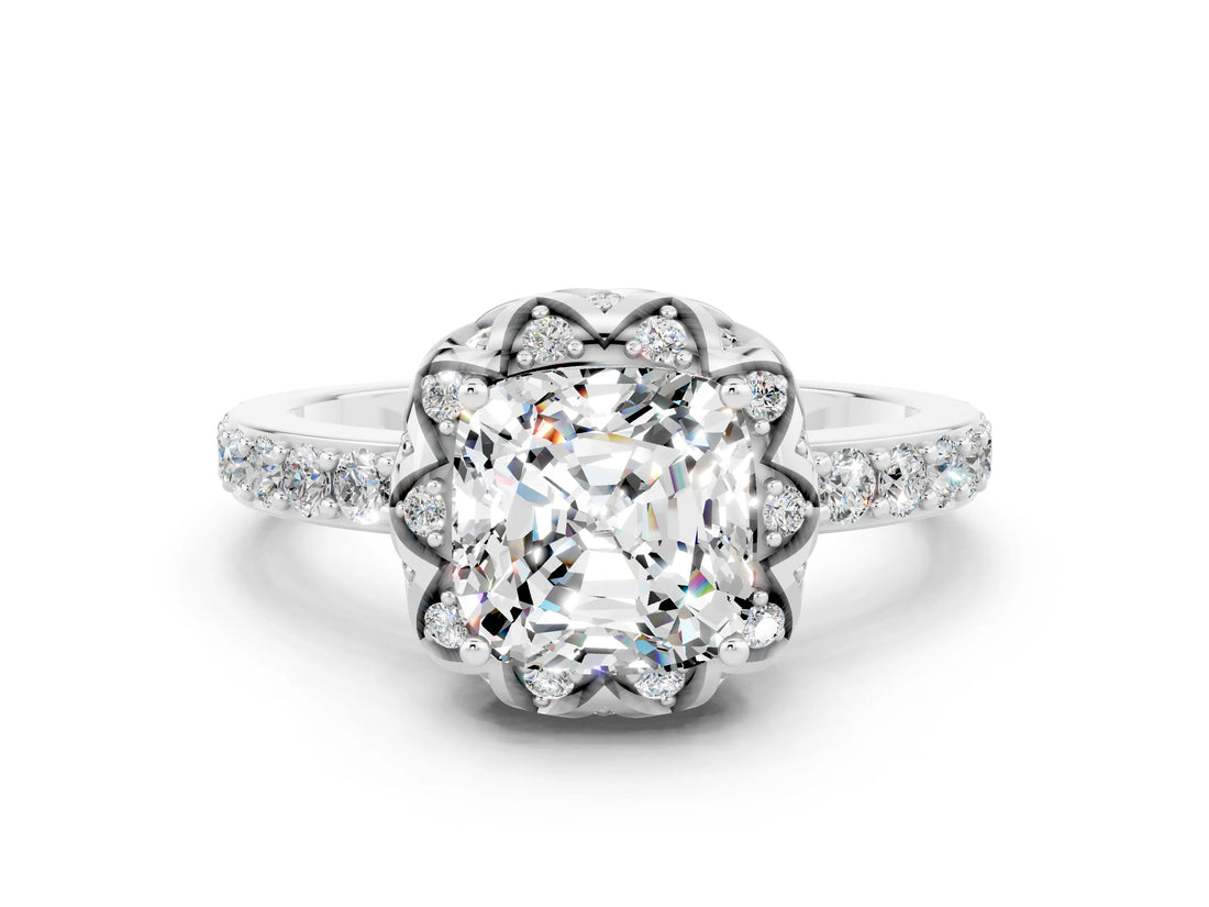 Platinum Cushion Cut Moissanite Scalloped Halo Engagement Ring with Round Shared Prong Band_108