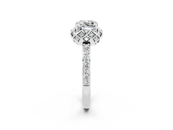 Platinum Cushion Cut Moissanite Scalloped Halo Engagement Ring with Round Shared Prong Band
