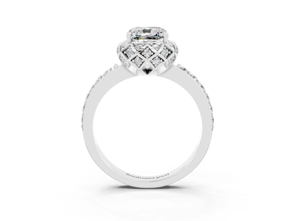 Platinum Cushion Cut Moissanite Scalloped Halo Engagement Ring with Round Shared Prong Band