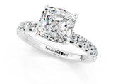 Platinum Cushion Cut Moissanite Solitaire Pavé Engagement Ring with Round Band and Prong Setting_103