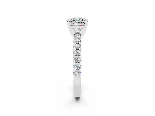 Platinum Cushion Cut Moissanite Solitaire Pavé Engagement Ring with Round Band and Prong Setting