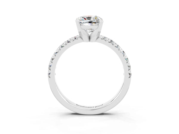 Platinum Cushion Cut Moissanite Solitaire Pavé Engagement Ring with Round Band and Prong Setting