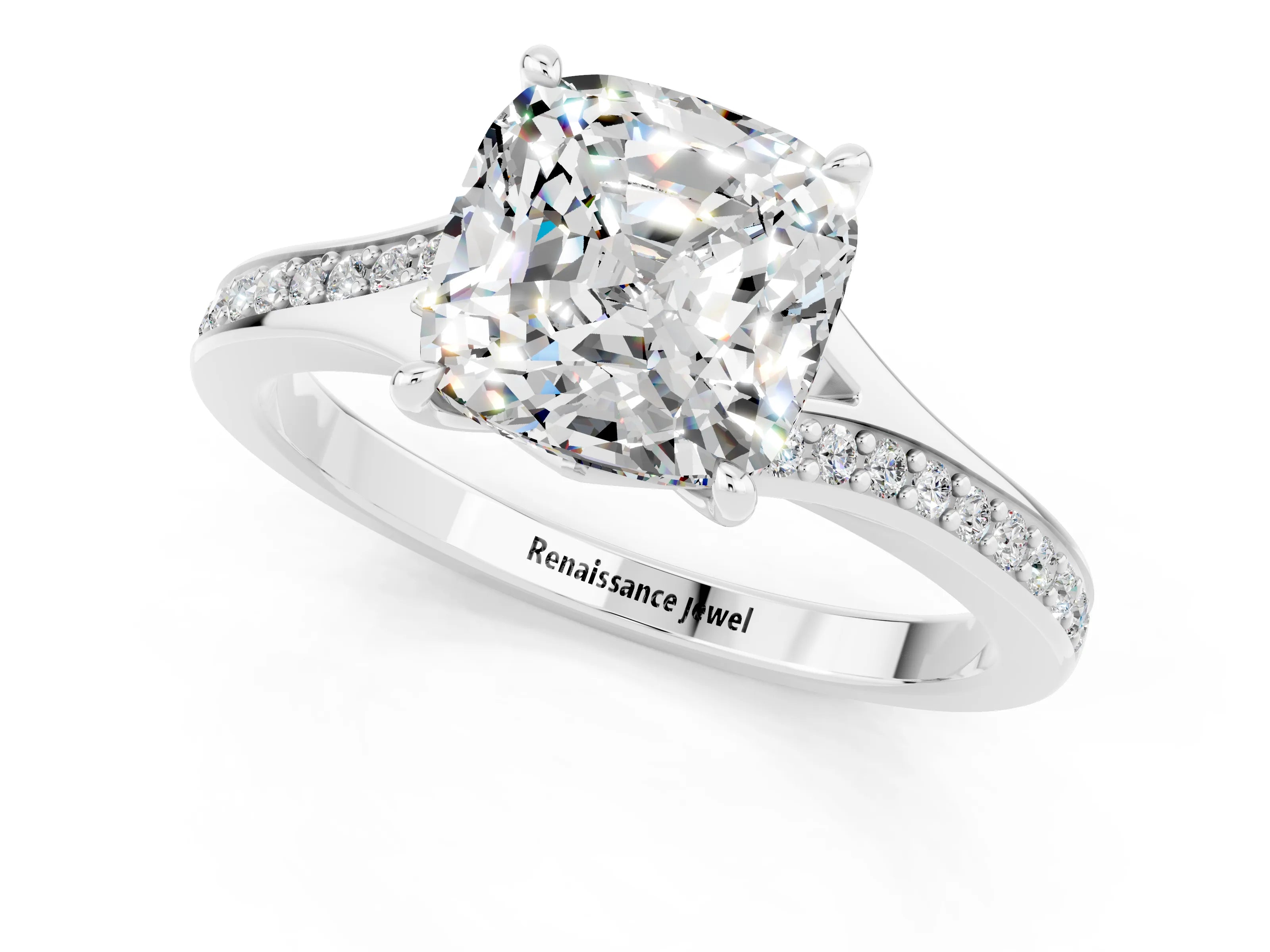Platinum Cushion Cut Moissanite Solitaire Ring with Pavé Band and Prong Setting_13
