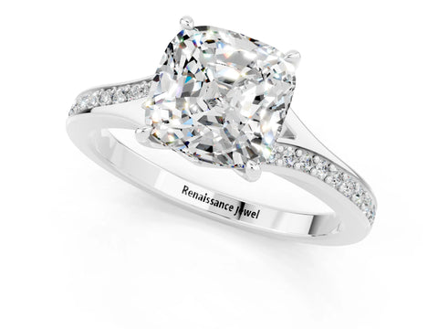 Platinum Cushion Cut Moissanite Solitaire Ring with Pavé Band and Prong Setting_13