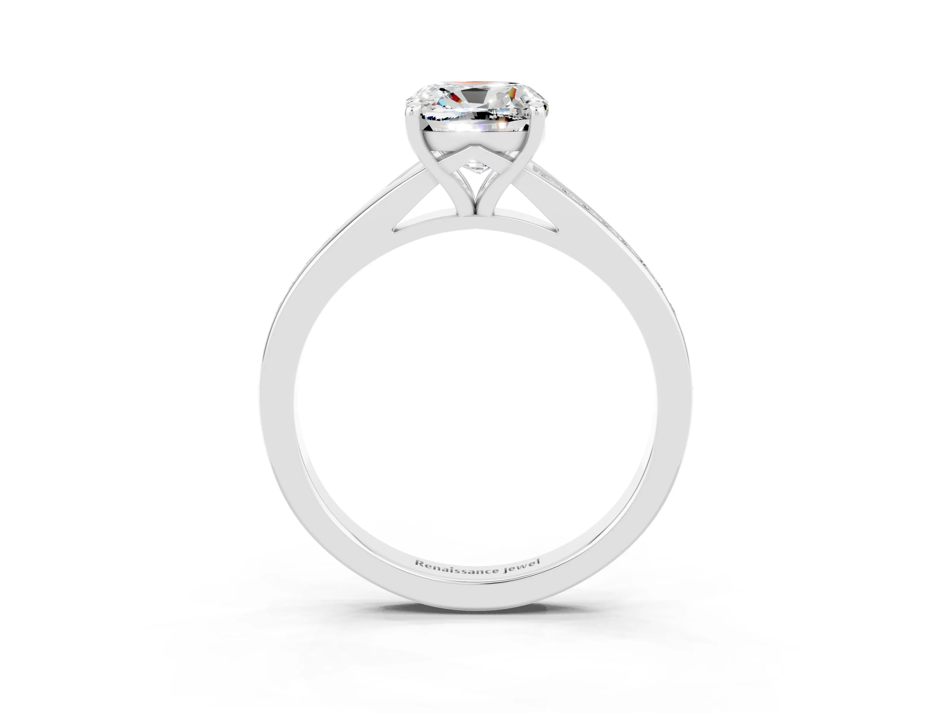 Platinum Cushion Cut Moissanite Solitaire Ring with Pavé Band and Prong Setting_15