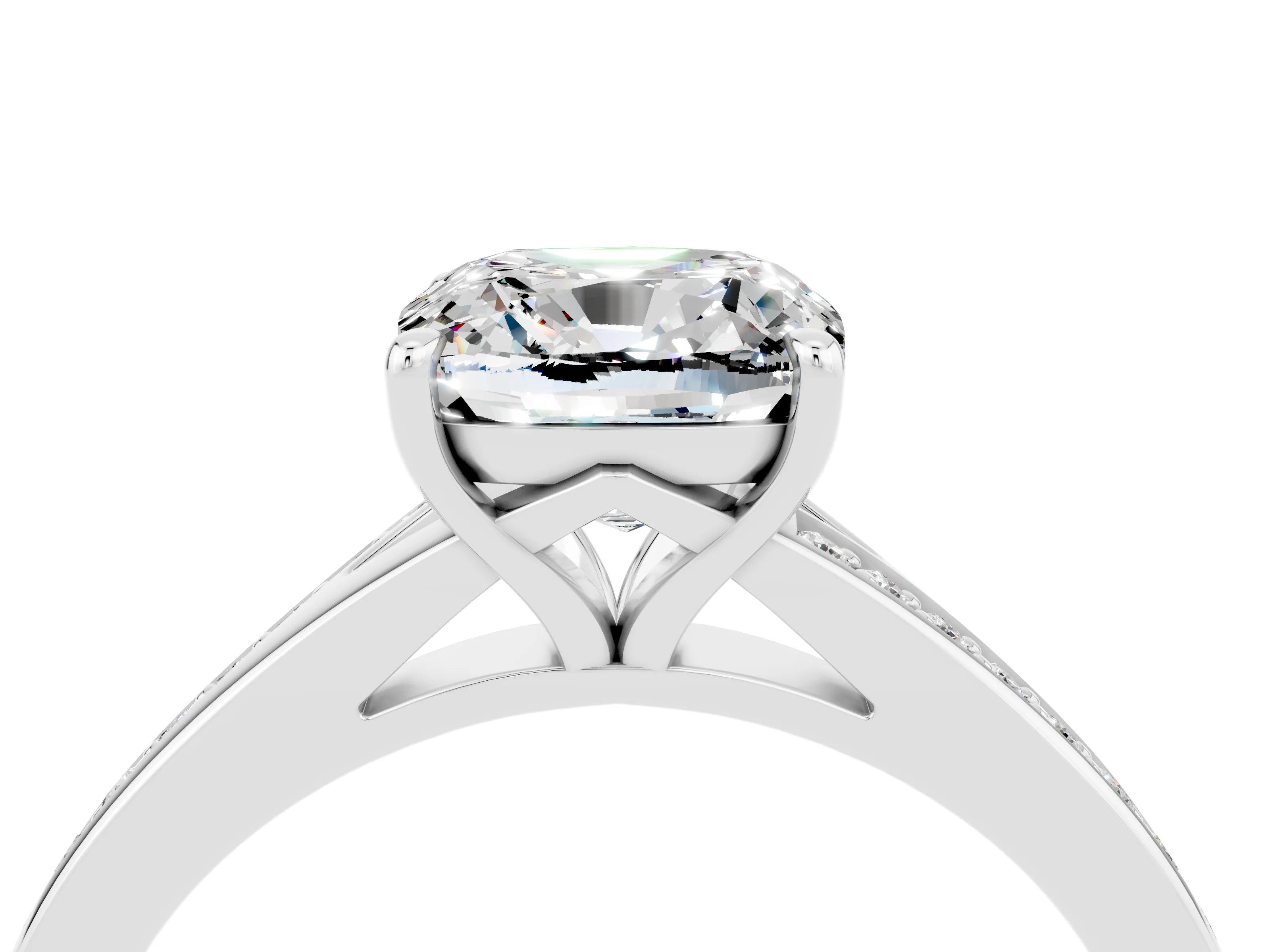Platinum Cushion Cut Moissanite Solitaire Ring with Pavé Band and Prong Setting_16
