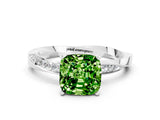 Platinum Cushion Cut Peridot Engagement Ring with Side Stone Accents and Four-Prong Setting_12