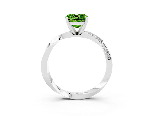 Platinum Cushion Cut Peridot Engagement Ring with Side Stone Accents and Four-Prong Setting