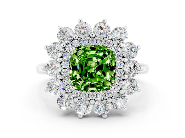 Platinum Cushion Cut Peridot Floral Double Halo Engagement Ring with Prong Setting