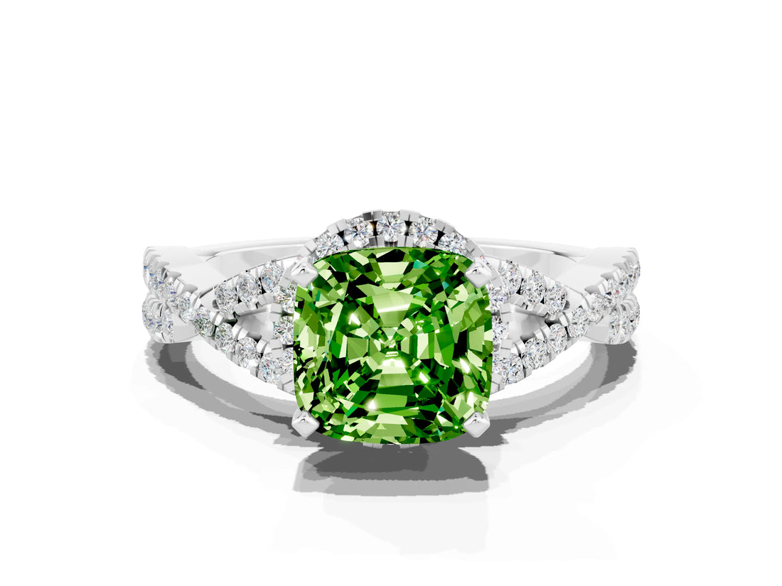 Platinum Cushion Cut Peridot  Halo Twist Band Solitaire Prong Setting Ring_12