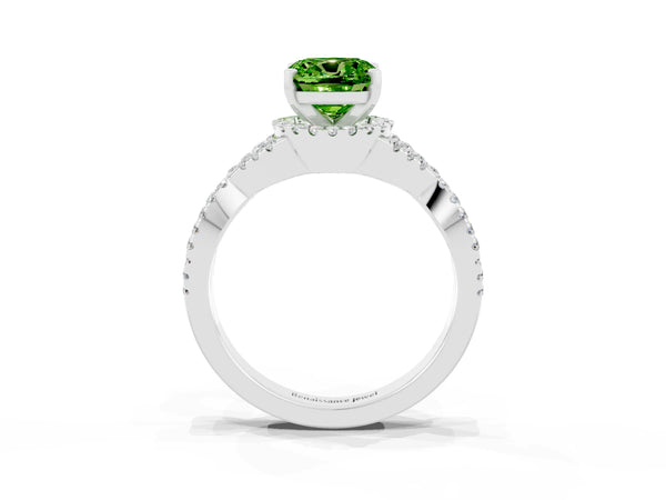 Platinum Cushion Cut Peridot  Halo Twist Band Solitaire Prong Setting Ring