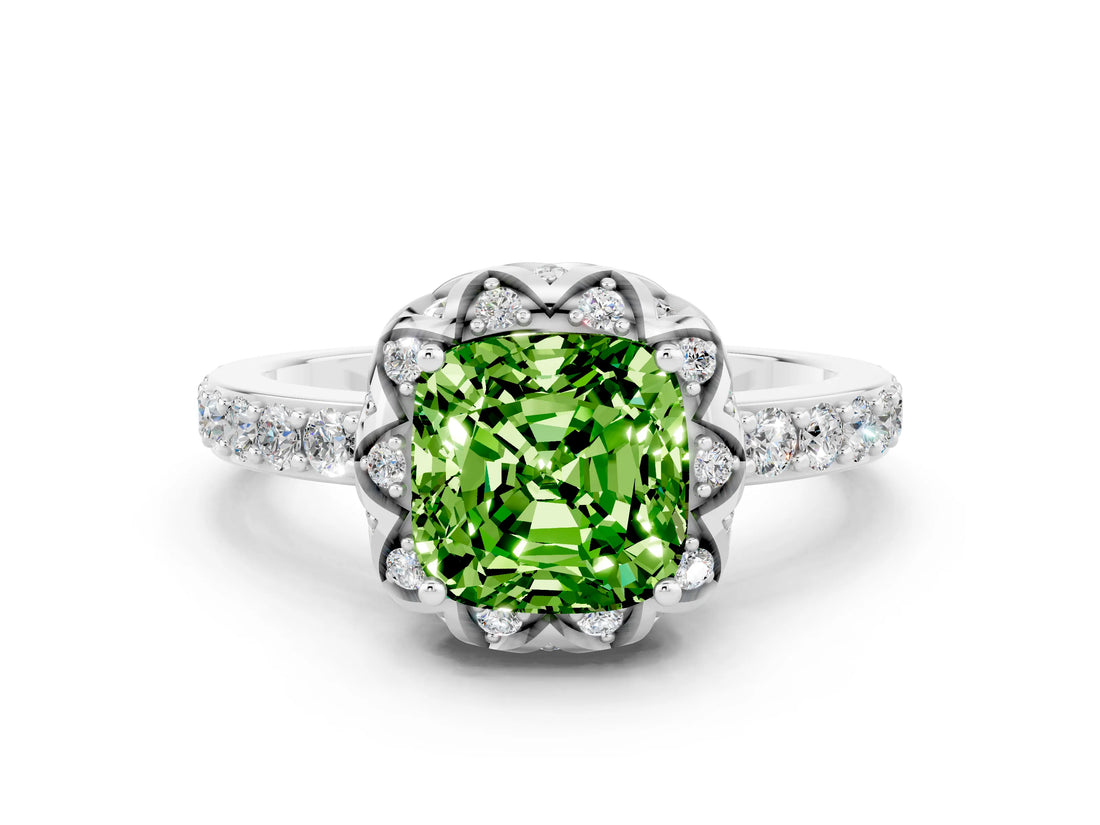 Platinum Cushion Cut Peridot Scalloped Halo Engagement Ring with Round Shared Prong Band_78
