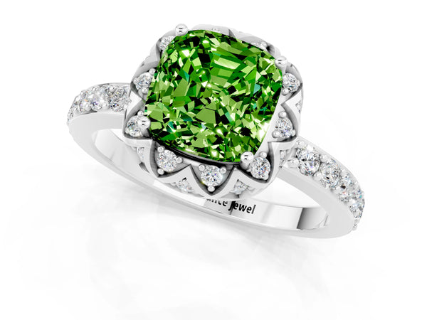 Platinum Cushion Cut Peridot Scalloped Halo Engagement Ring with Round Shared Prong Band