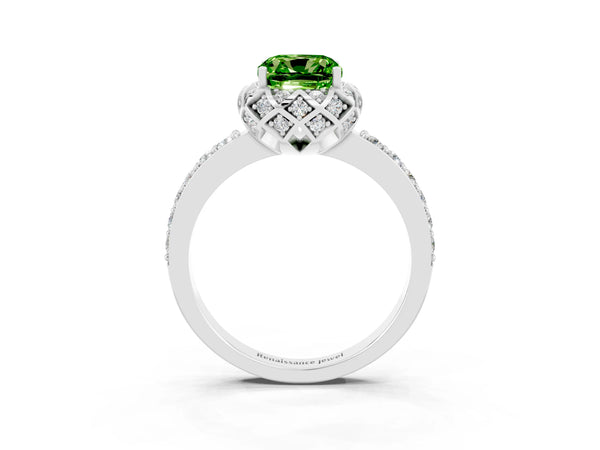 Platinum Cushion Cut Peridot Scalloped Halo Engagement Ring with Round Shared Prong Band