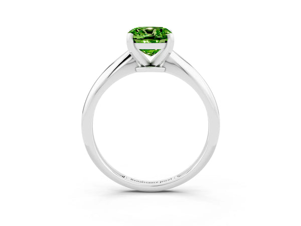 Platinum Cushion Cut Peridot Solitaire Engagement Ring with Classic Band and Four-Prong Setting