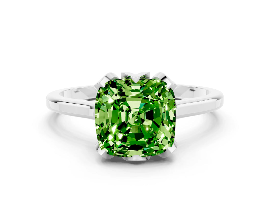 Platinum Cushion Cut Peridot Solitaire Ring with Flower Prong Setting and Classic Band