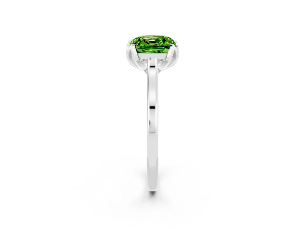 Platinum Cushion Cut Peridot Floral Solitaire Engagement Ring with Flower Prong Head and Plain Band