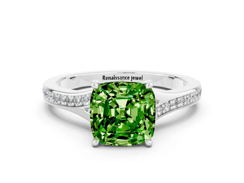 Platinum Cushion Cut Peridot Solitaire Ring with Pavé Band and Prong Setting_12