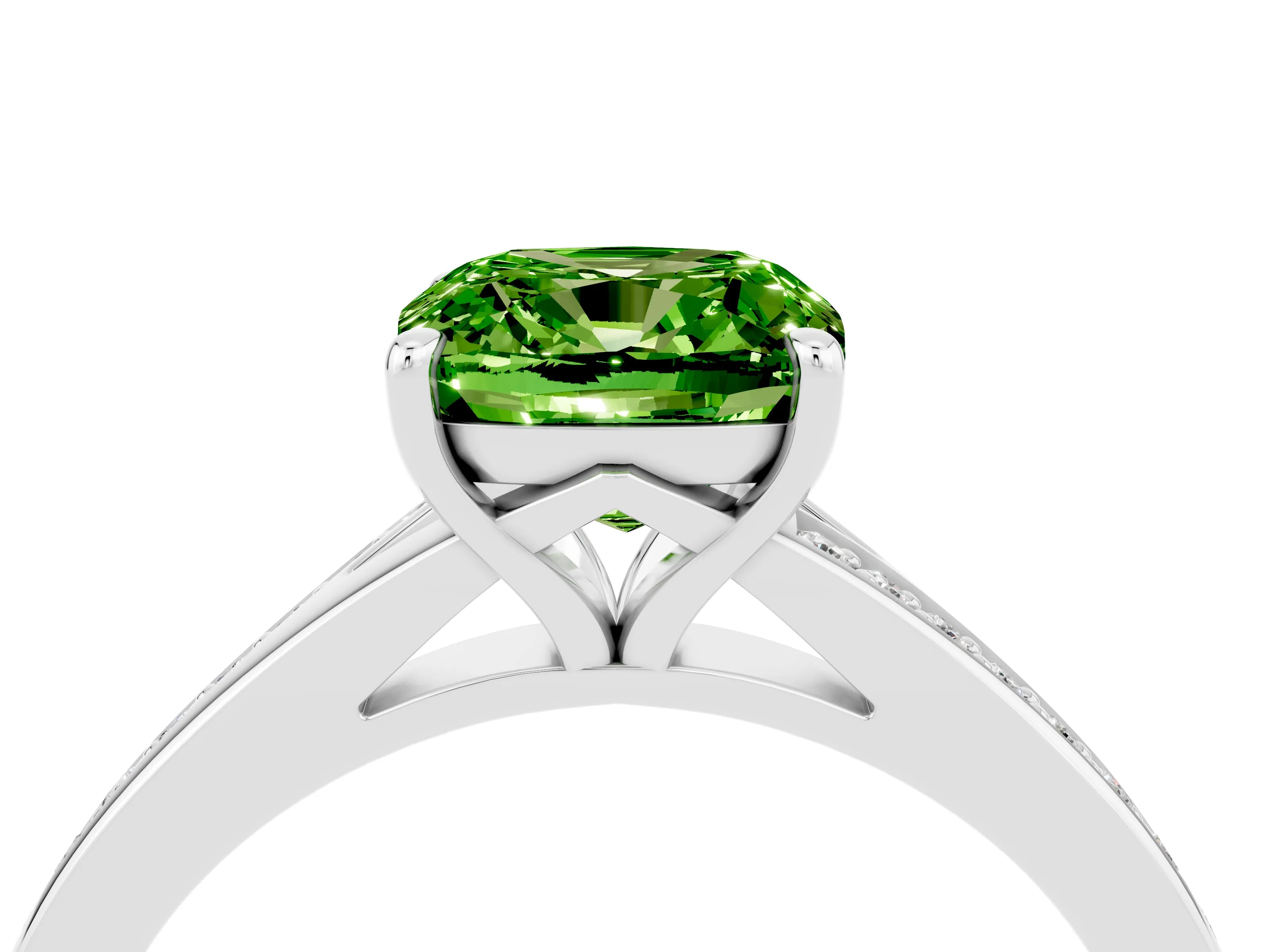 Platinum Cushion Cut Peridot Solitaire Ring with Pavé Band and Prong Setting_16