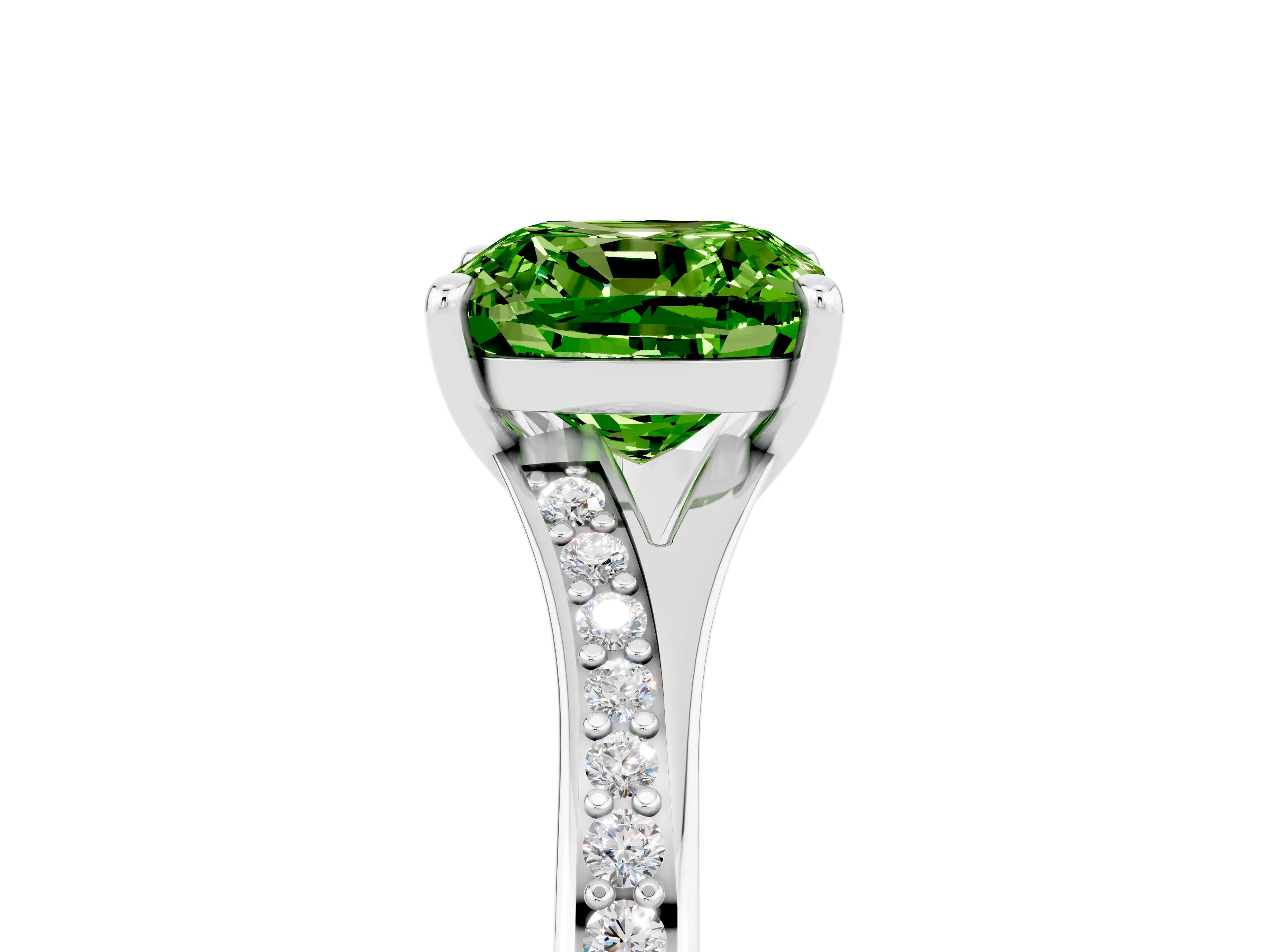 Platinum Cushion Cut Peridot Solitaire Ring with Pavé Band and Prong Setting_17