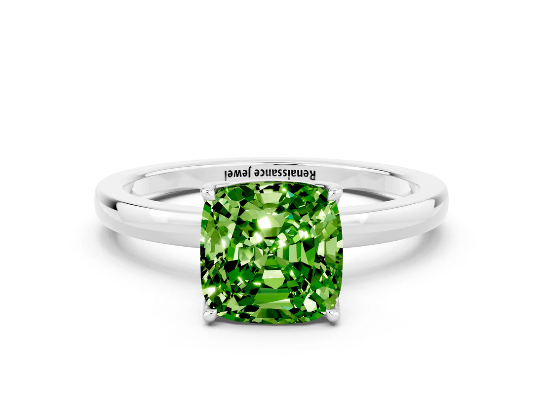 Platinum Cushion Cut Peridot Solitaire Ring with Thin Band and Prong Setting_42