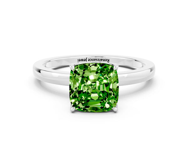 Platinum Cushion Cut Peridot Solitaire Ring with Thin Band and Prong Setting