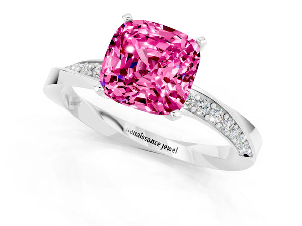 Platinum Cushion Cut Pink Sapphire Engagement Ring with Side Stone Accents and Four-Prong Setting