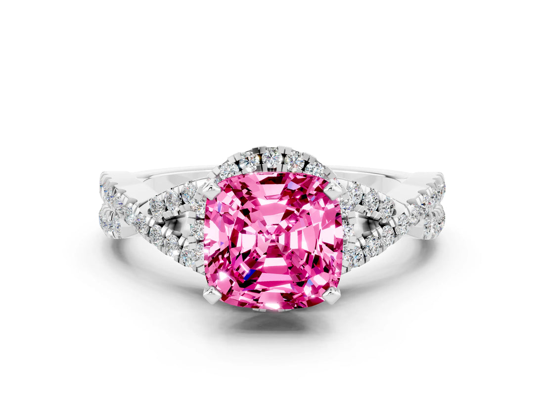 Platinum Cushion Cut Pink Sapphire  Halo Twist Band Solitaire Prong Setting Ring_12