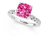 Platinum Cushion Cut Pink Sapphire Pavé Solitaire Ring with Round Band and Prong Setting_43