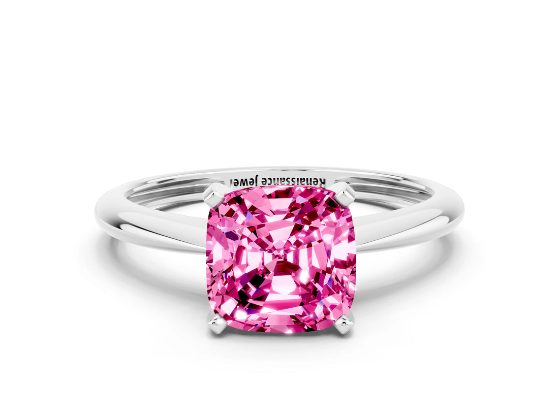 Platinum Cushion Cut Pink Sapphire Solitaire Engagement Ring with Classic Band and Four-Prong Setting_12