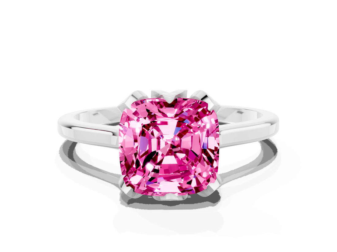 Platinum Cushion Cut Pink Sapphire Solitaire Ring with Flower Prong Setting and Classic Band
