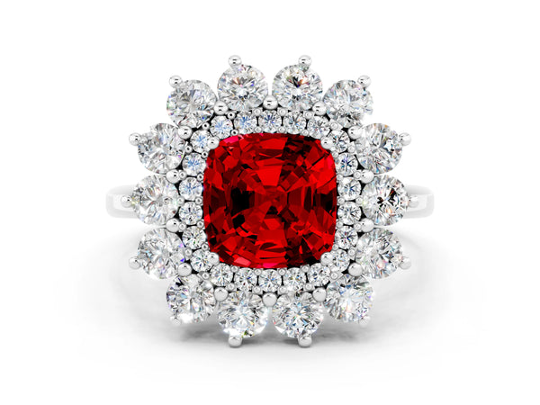 Platinum Cushion Cut Lab-Grown Ruby Floral Double Halo Engagement Ring with Plain Band