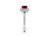 Platinum Cushion Cut Ruby Scalloped Halo Engagement Ring with Round Shared Prong Band_134