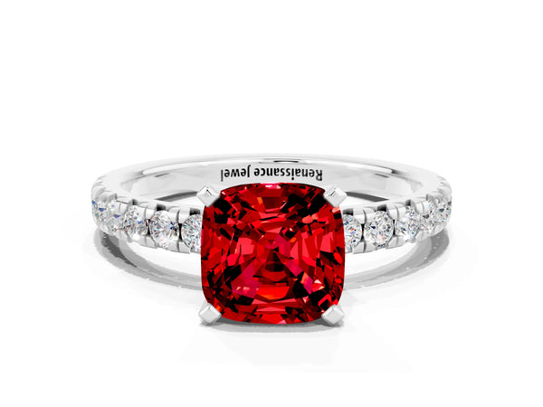 Platinum Cushion Cut Ruby Solitaire Pavé Engagement Ring with Round Band and Prong Setting